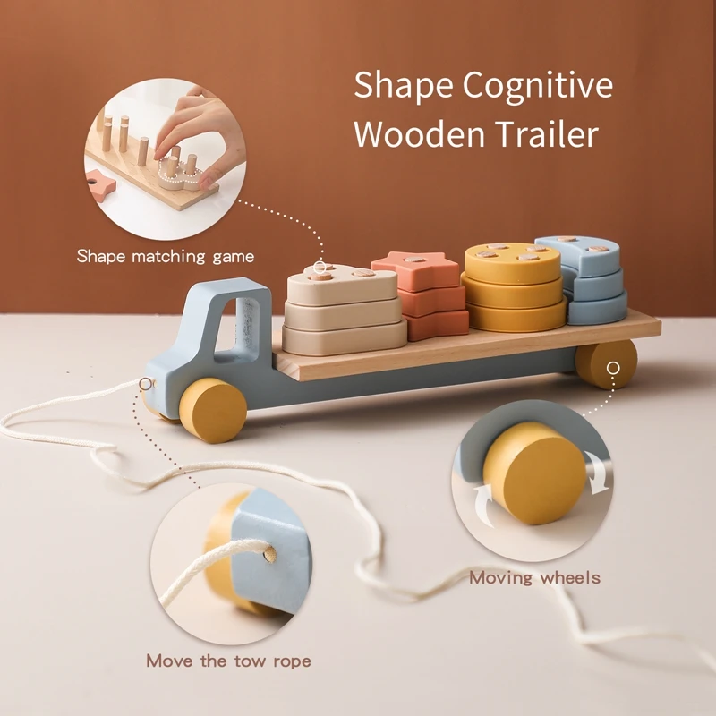 Wooden Baby Toy  Wooden Trailer  Babies Learn Cognitive Toy  Hand And Foot Coordination Toy  Color Recognition Toy  Silicone Toy 3