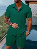 Spring And Summer New Sports Men's Polo Casual Solid Color Loose Short-sleeved Drawstring Shorts Cardigan Striped Sports Suit 1
