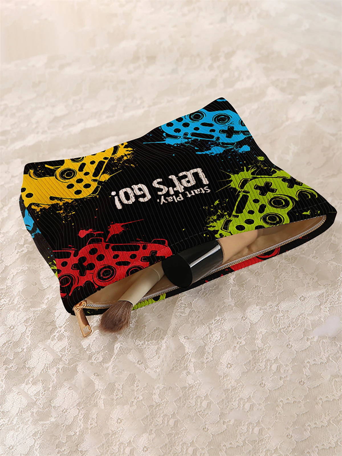 1 game console patterned corduroy makeup bag, lightweight zipper makeup storage box, multifunctional bag with lining