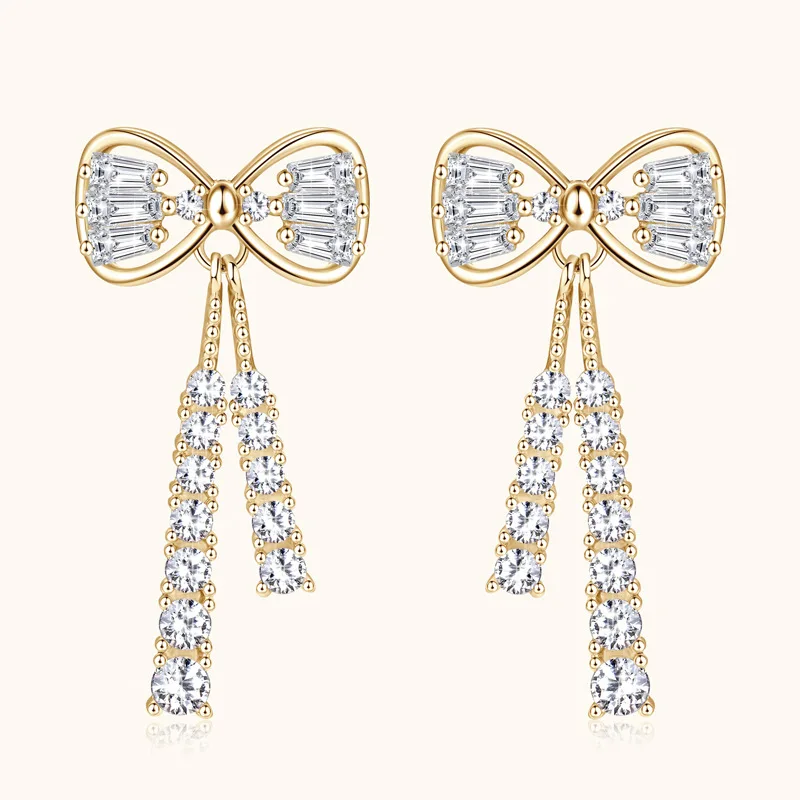 

Luxury Bowknot Moissanite Women Drop Earrings 14K Gold Plated D VVS Lab Diamond Tassel Earrings 925 Sterling Silver Pass Tester