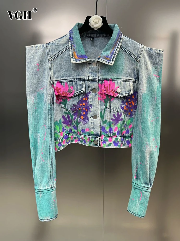 

VGH Hit Color Printing Denim Coat For Women Lapel Long Sleeve Patchwork Single Breasted Streetwear Loose Coats Female Fashion