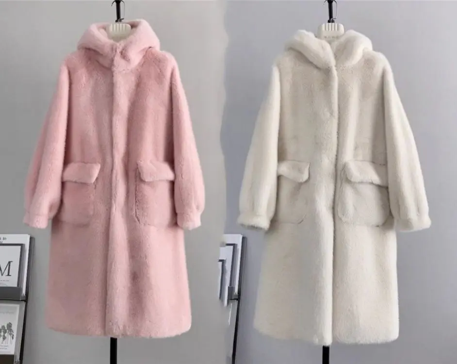 Korean Style Lambswool Fur Coat Women Winter New Fashionable Long Mink Bear Ears Hooded Faux Fur Coat Female