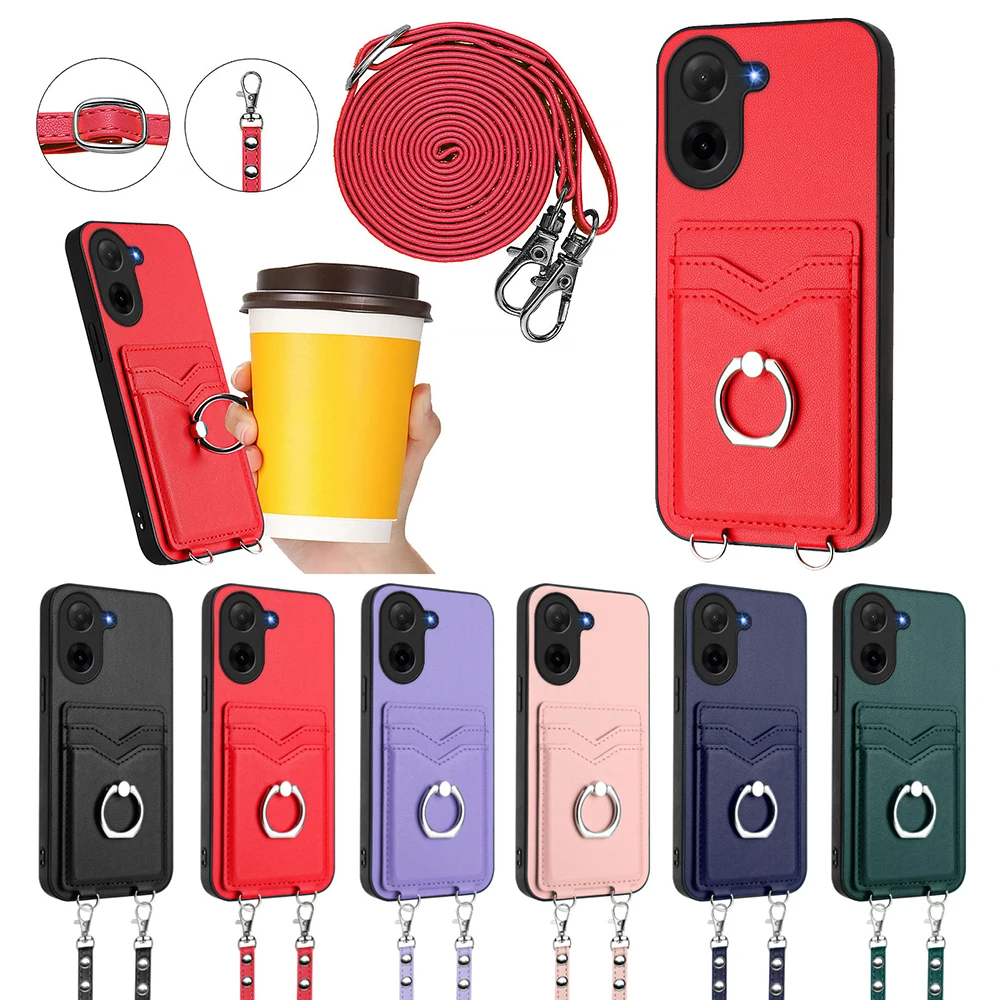 Crossbody Strap Leather Ring Holder Phone Case