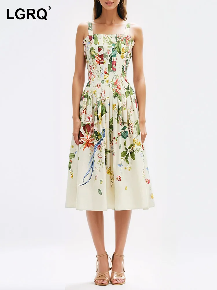 

LGRQ Women's Pleated Print Dress Fashion High Waist Sleeveless Square Collar Casual Long Dresses 2024 Summer New Clothing Tide