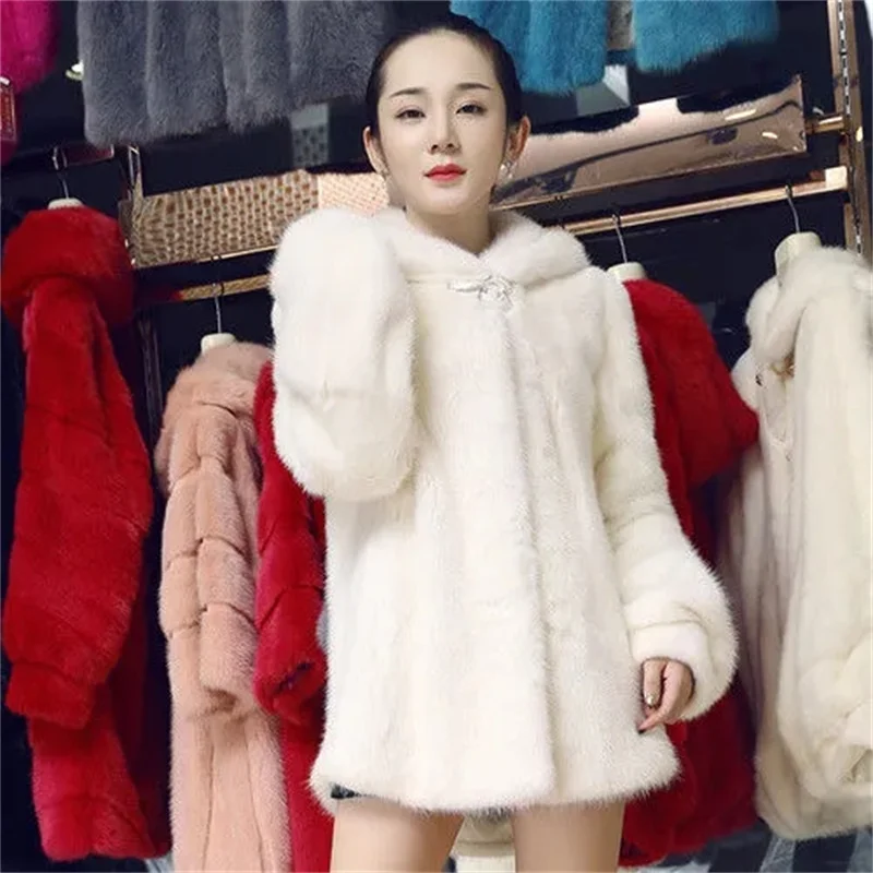 

Женское меховое пальто, красивое зимнее искусственное Норковое Пальто, Женское зимнее шерстяное пальто средней длины с капюшоном, интегрированное искусственными норковыми волосами, верхняя одежда