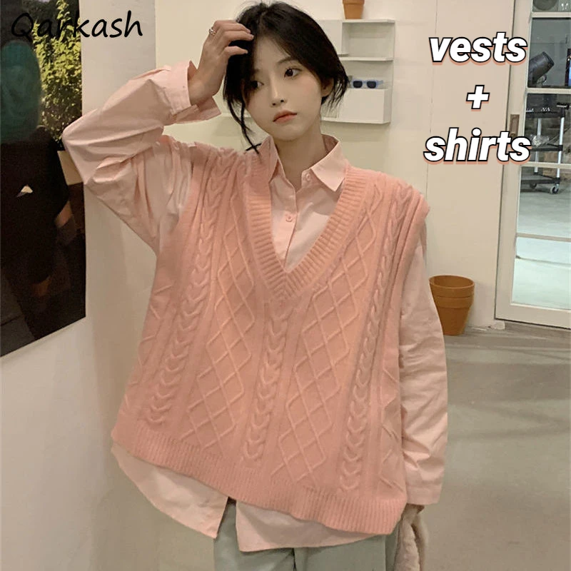

Women 2 Pieces Sets Sweater Vests Shirts Solid Loose Teens Preppy Style Young Gentle Cozy Knitted Streetwear Mujer Outfits Retro