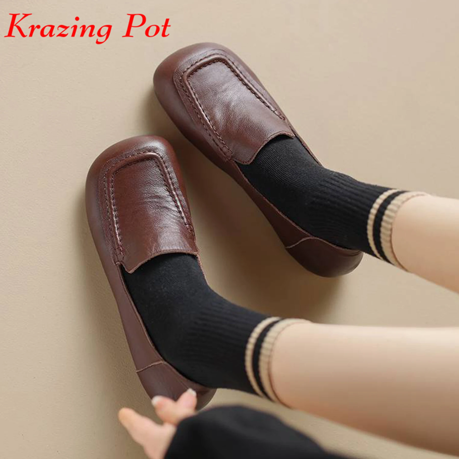 

Krazing Pot Genuine Leather Low Heels Spring Brand Maiden Shoes Round Toe Brand Concise Style High Quality Women Shallow Pumps