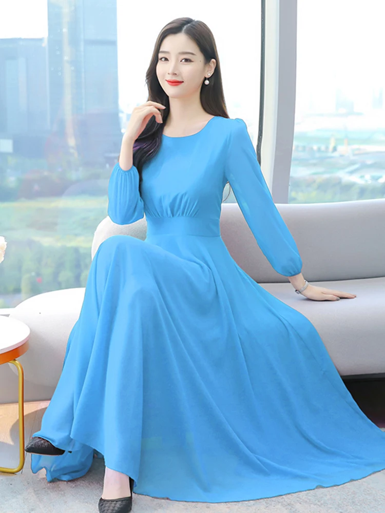 

2023 Blue Autumn Chiffon Boho Party Dress Black Red Women Midi Robe Long Sleeve Spring Maxi Elegant Casual Prom Evening Dresses