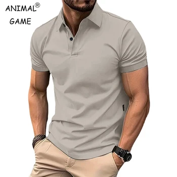 Camiseta masculina de botão lapela manga curta, polo monocromático, streetwear casual, tops de jogging leves, verão