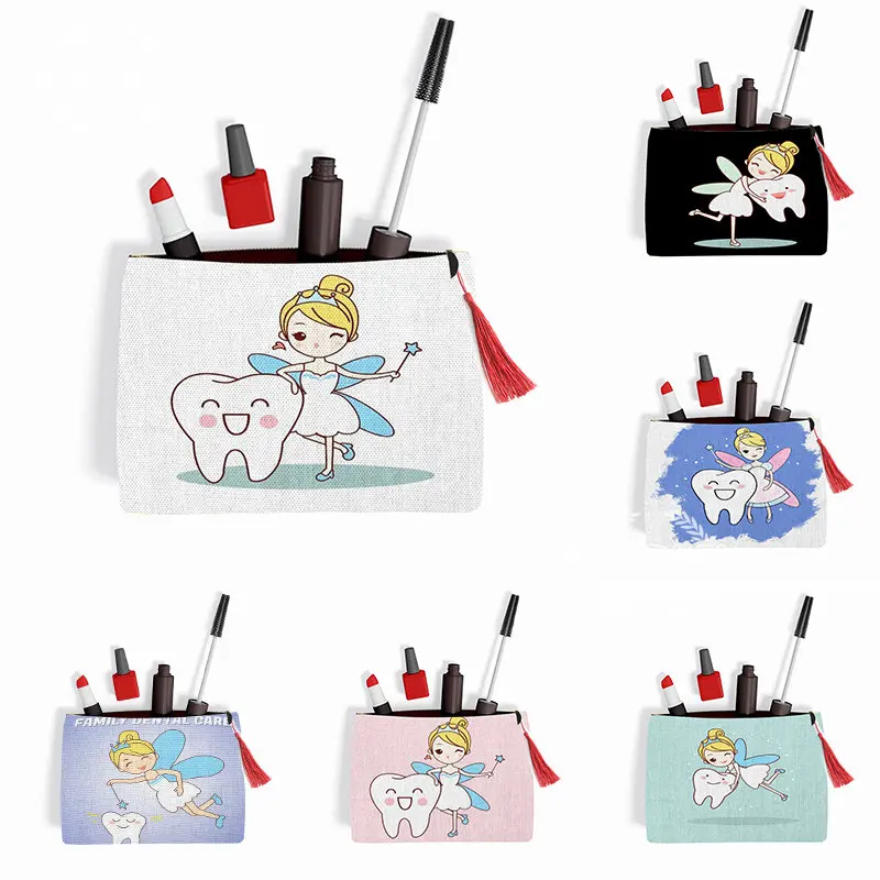 

Tooth Makeup Bag and Dentist Graphic Aesthetic Funny Fashion Black Canvas Print Organizer Bag Girls Fashion Life Shopping Bags