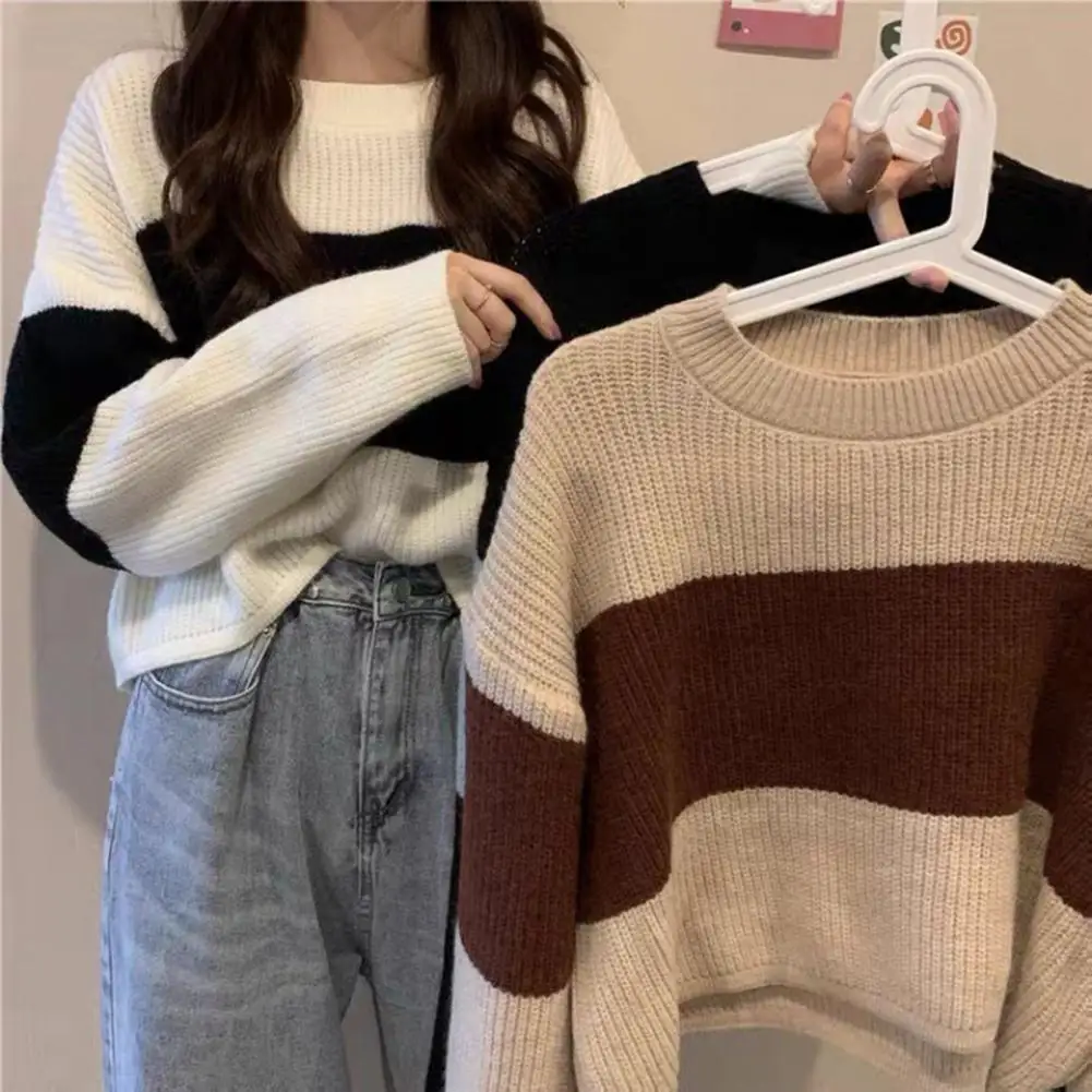 

Women Fall Winter Sweater Colorblock Knitted Loose Elastic Round Neck Long Sleeve Anti-shrink Thick Warm Soft Sweater