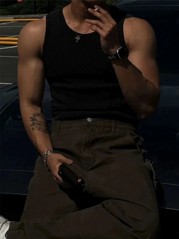 American Sle Slim Fit Tank Top Men Summer Tight Elastic Splice Sport Fitn round Ne Svel oulder Pad Vest