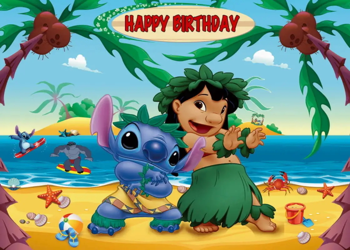 thumbnail image 1 of 1 juego de fondos para fiesta con temática de dibujos animados de Lilo y Stitch, decoración para fotos de fiestas de cumpleaños de niños, fondo de fotografía con flores del océano, 1 of 5