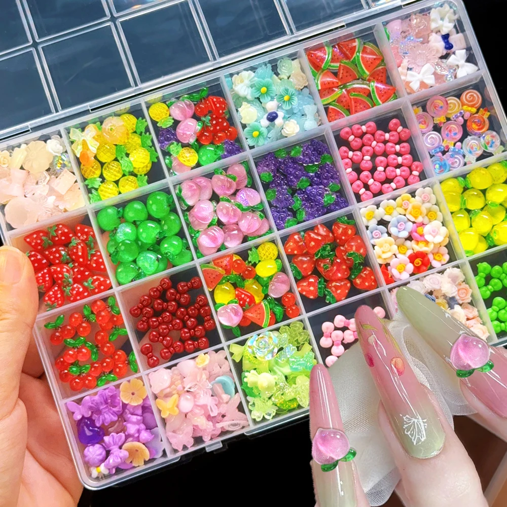 1 Box Harz bunte Obst/Blume Nail Art Charms Set süße Pfirsich, Erdbeere, Kirsche, Schleife Blume Sommer Nagel Edelsteine Nail Art Dekoration – Detail 1