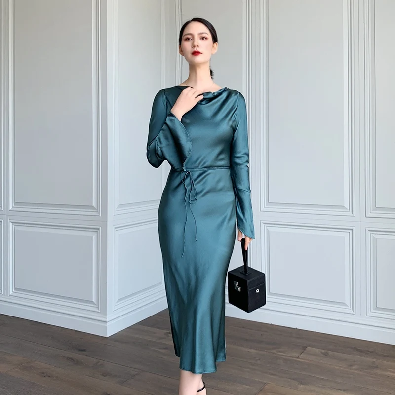 2022 Women Custom Satin Silk Dress Simple Slim Temperament Pure Color Swing Collar Long Sleeve Lace Dress High End Silkworm Silk