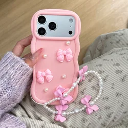 Charming 3D Bowknot Pearl Candy Wavy Silicone Phone Case with Chain Cover - Galaxy S23 FE (Pink)
