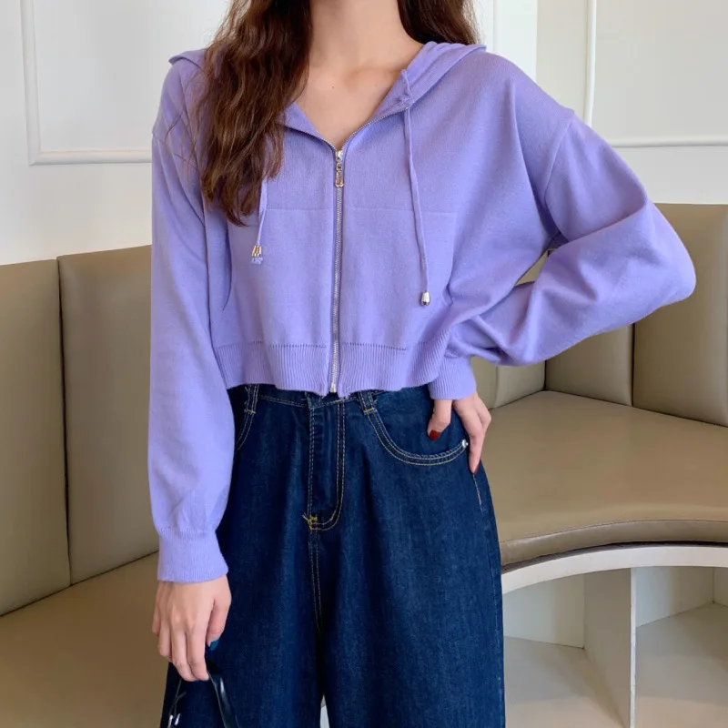 

Korean Winter Jacket Hoodie Basic Harajuku Clothes Outwear 2023 Fall Casual Women Pockets Cropped Zip Up Fleece Purple Hoodies