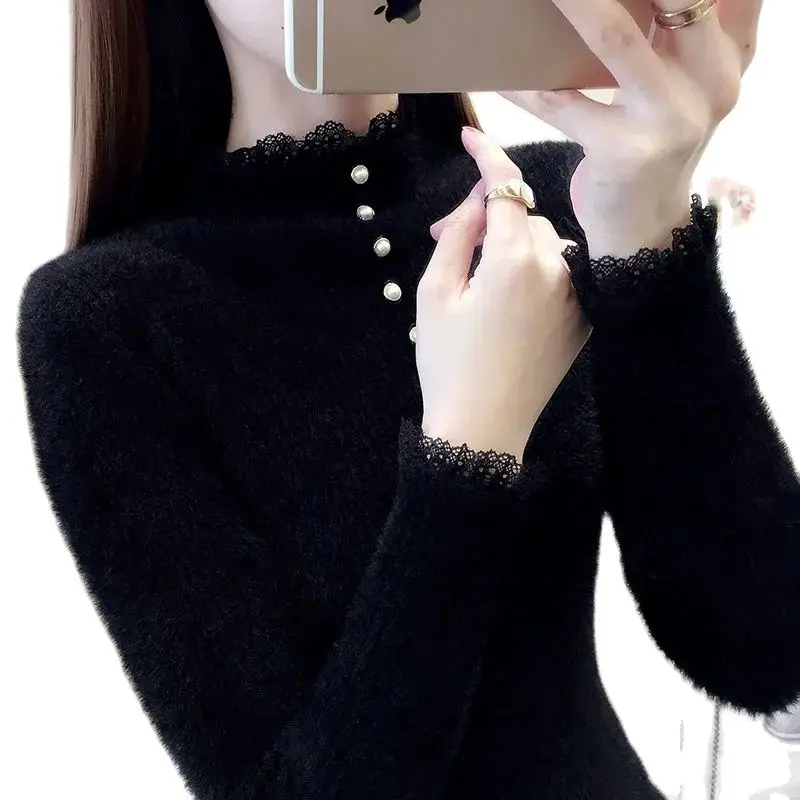 

Half Turtleneck Imitation Mink fleece sweater Bottoming Shirt Women's New Western Style Slim fit Inner Knitted Sweater Top Women