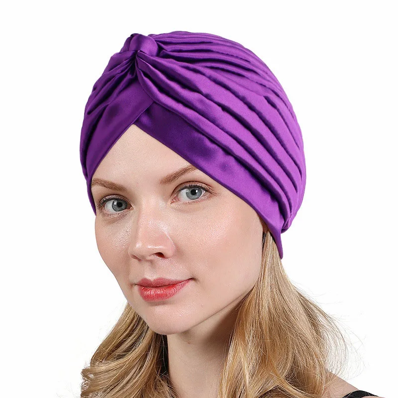 

Solid Color Satin Sleep Cap Women Pleated Chemo Caps Muslim Hijab Turban Indian Nightcap Sleeping Hair Loss Headscarf Bonnet Hat