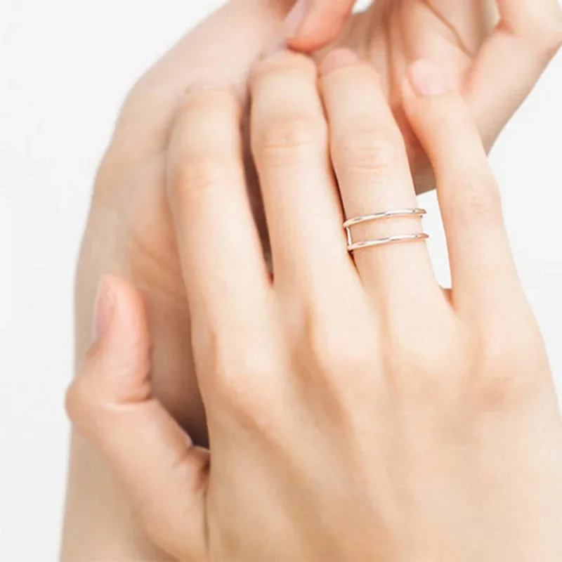 Genuine 925 Sterling Silver Minimalist Geometric Double Line Adjustable Ring Women Charm Trendy Fine Jewelry SOFTPIG