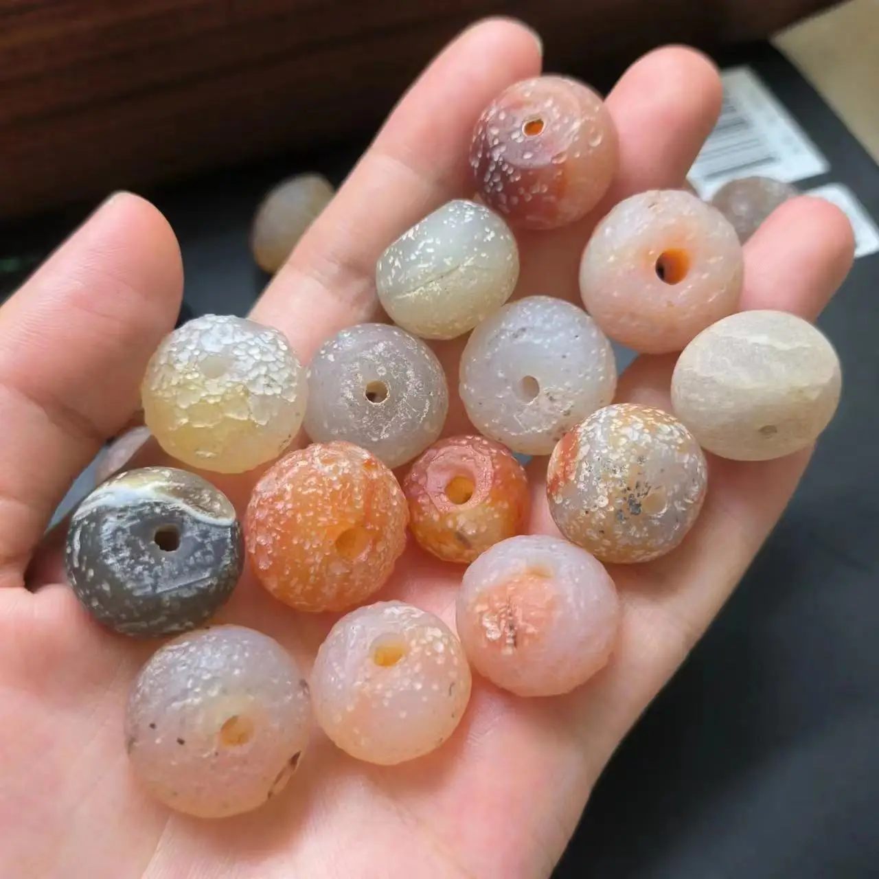 10Pcs/Lot Natural Weathered Old Agate Cute Pink Round Beads Fruit Jelly Meteorite Star Pattern Accessories Gift Gem Jewelry Taki