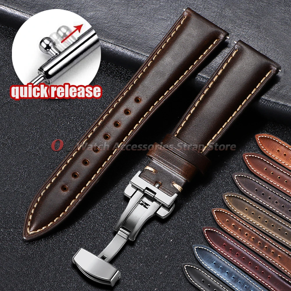 Vintage Oil Wax Leather Watch Band with Butterfly Buckle and Quick Release