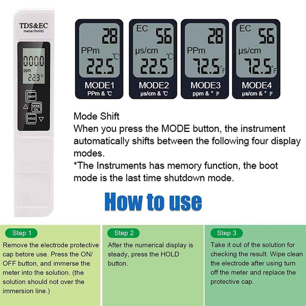 Digital Water Quality Tester TDS EC Meter Range 0-9990 Multifunctional Water Purity Temperature Meter TEMP PPM