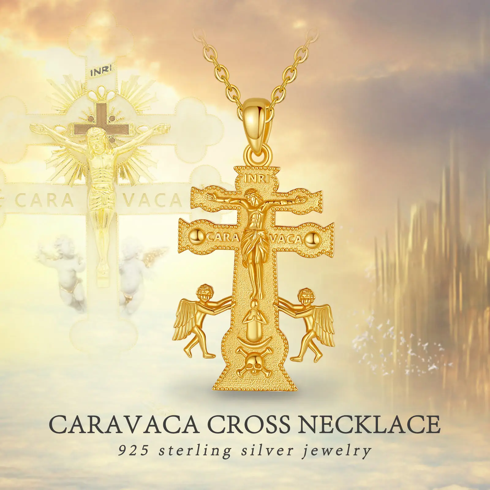 Eudora 925 Sterling Silver Catholic Caravaca Crucifix Orthodox Cross Necklace for Man 18K Gold Cherub Angel Pendant Christian