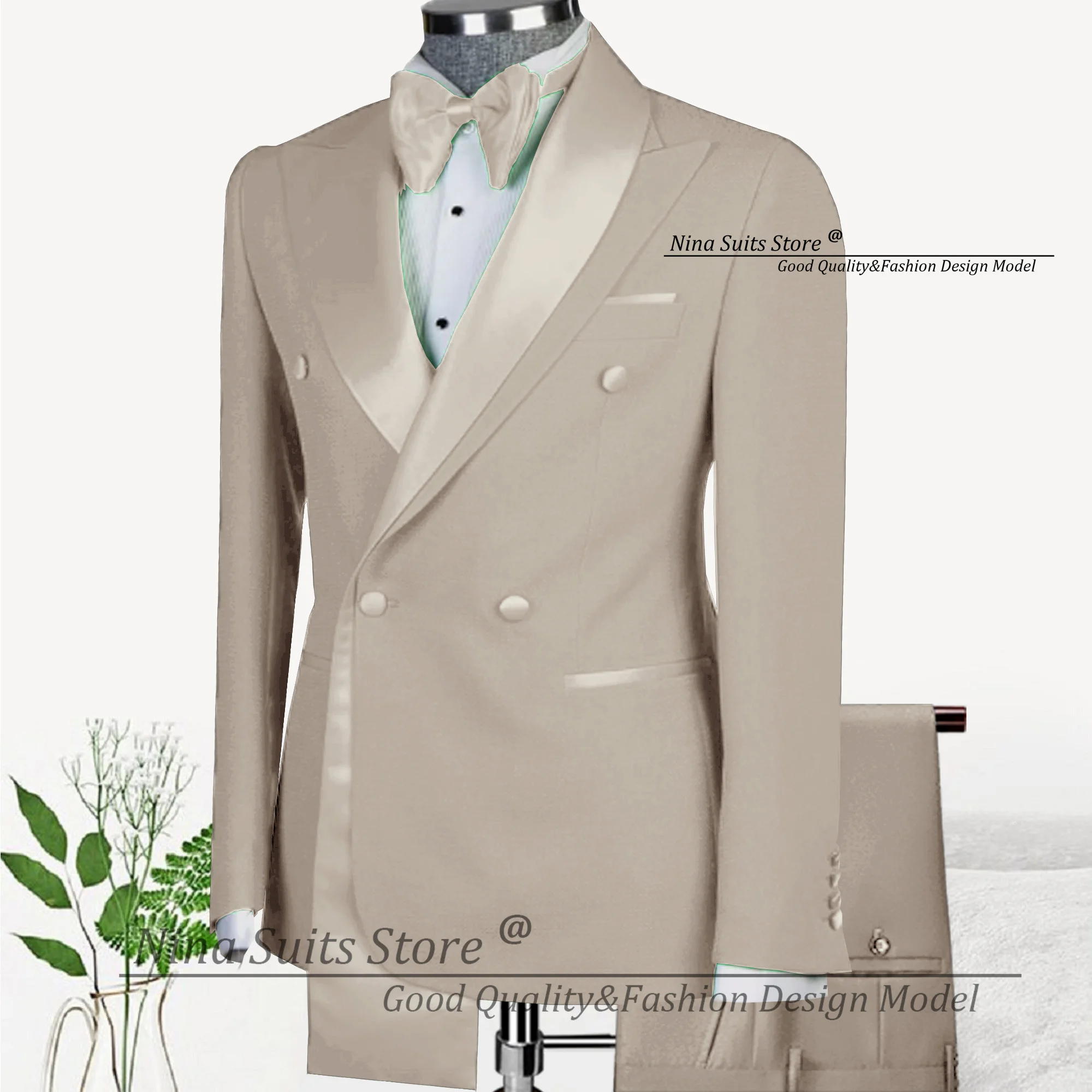 Nina Store New Suits 2-piece Men's Cocktail Party set Jacket with Satin Ribbon Pants Slim Fit Groom's Wedding Costume