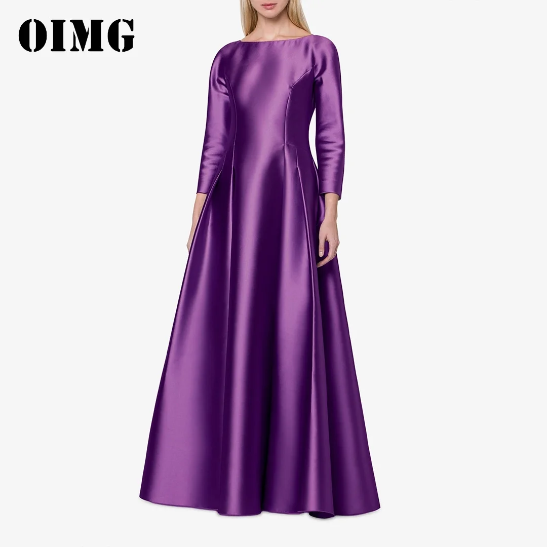 

OIMG New Design Boat Neck Prom Dresses Long Sleeves Saudi Arabic Satin A-Line Pruple Women Evening Gowns Formal Party Dress