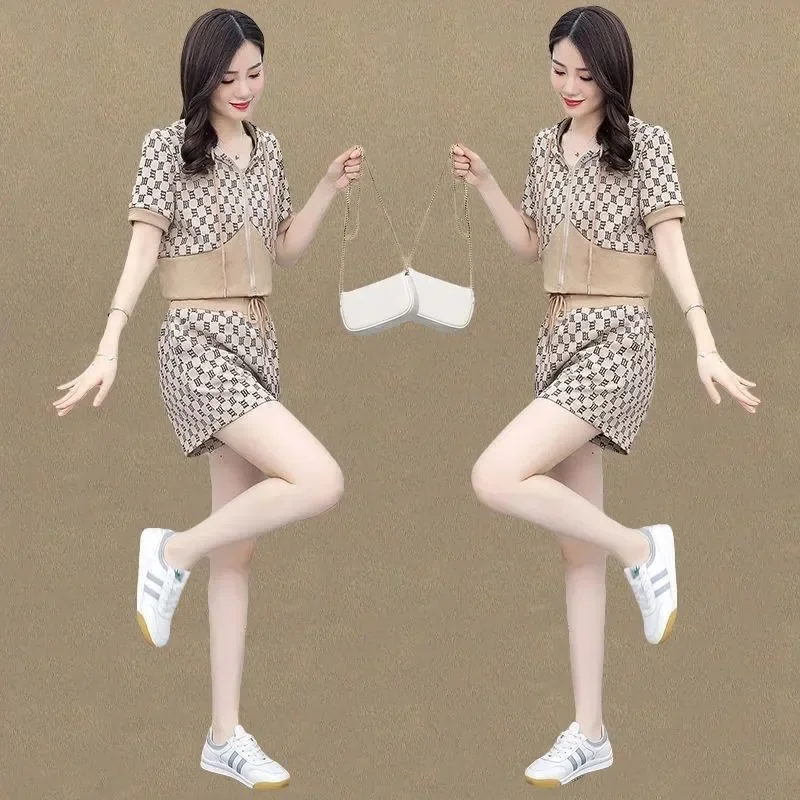 مجموعة ملابس رياضية كاجوال شورت نسائي عالي الخصر للتخسيس مكون من قطعتين بدلة صيفية رائجة البيع للموسم سويت شيرت عصري و