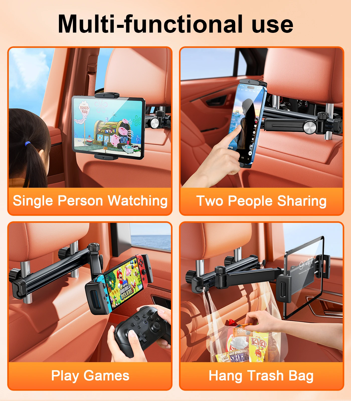 Eary Car Headrest Tablet Phone Holder With 360 Rotatable Adjustable Foldable Car Interior Accessories With 2 Hidden Hooks Stand