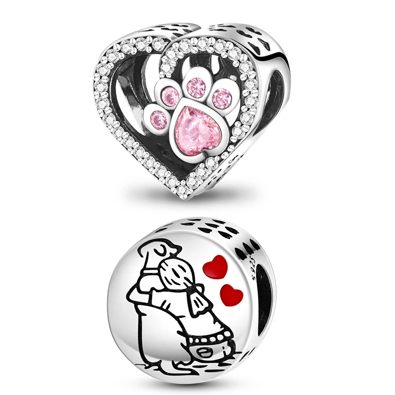 Silver Charm Jewelry Dogs Pet Charms 925 Silver Heart Shaped Pink Zircon Claws Pendants Fit Original S925 Bracelets Fine DIY Birthday Gifts