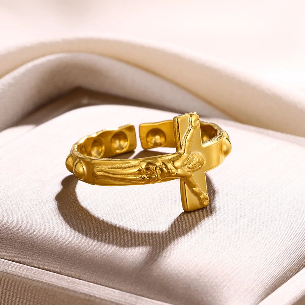 Jesus Cross Rings For Women Men Gold Color Stainless Steel Adjustable Ring