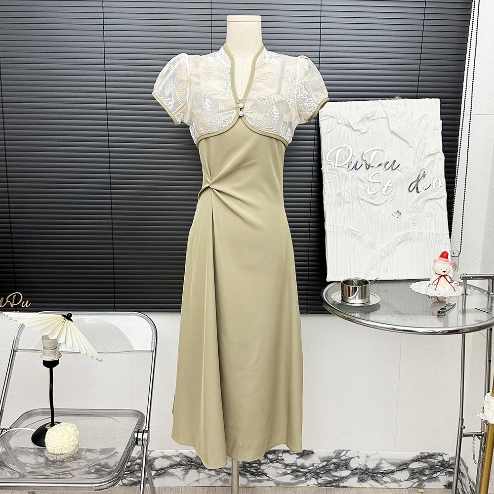 

New Chinese Dress Women's Summer Retro Chinese Style Improved Qipao Cape and Slim Waist Spaghetti Dress 2pcs Set Female