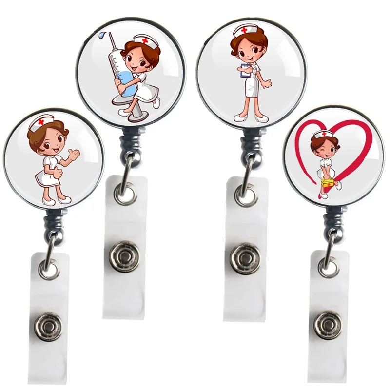 Nurse Doctor Cartoon Characters Printing Retractable Black Badge Reel Clips Brooches For Hospital Medical ID Name Card Holders