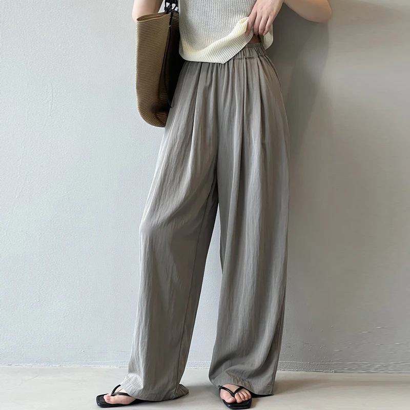 

Johnature Cool High-waisted Slacks Women Full Length Pants 2024 Summer New Elasticated Waist Straight Leg Versatile Casual Pants