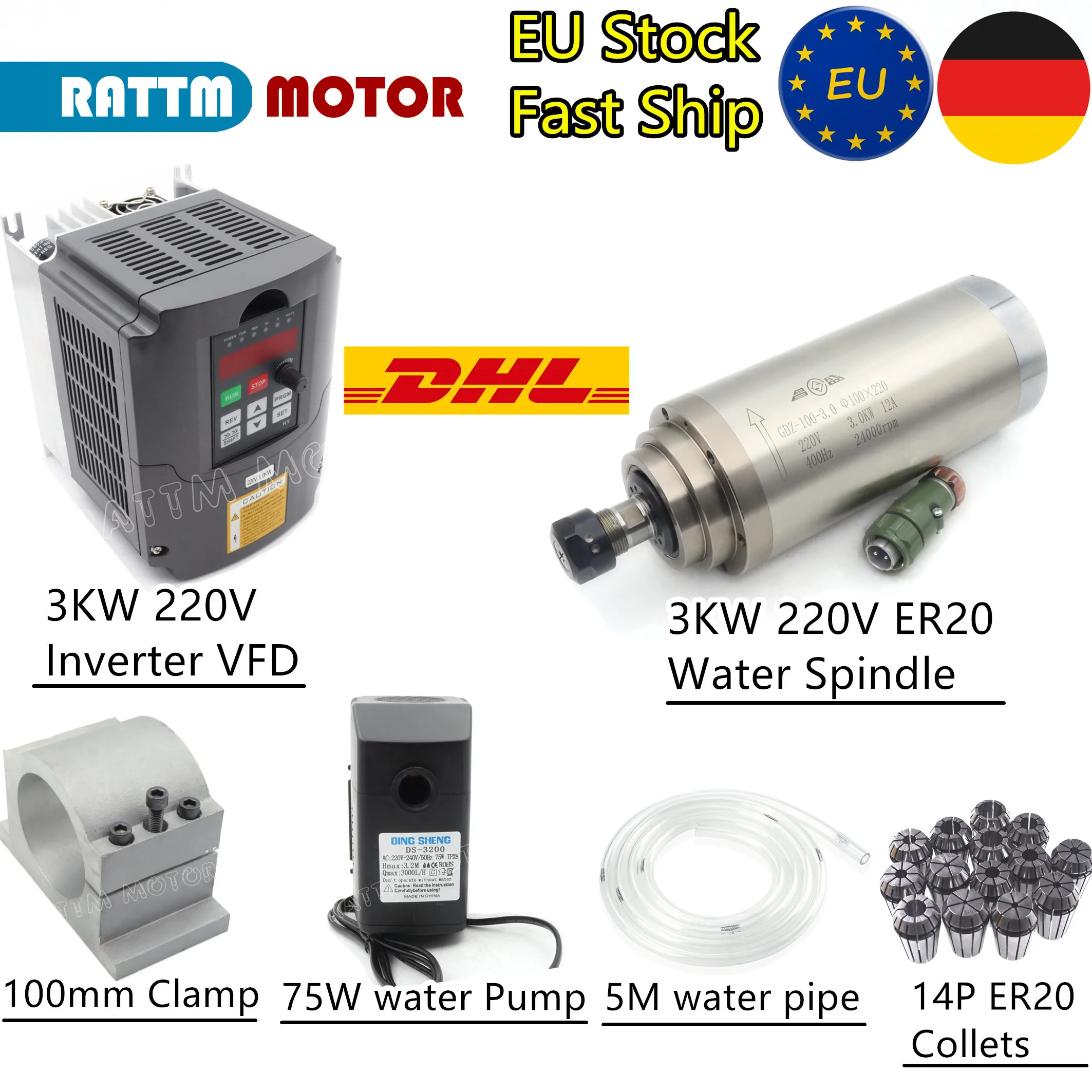 

【EU Free Tax】CNC Spindle 3KW Water Cooled Spindle Motor 220V ER20 Collet & HY Inverter VFD 4HP & 100mm Bracket & 75W Water Pump