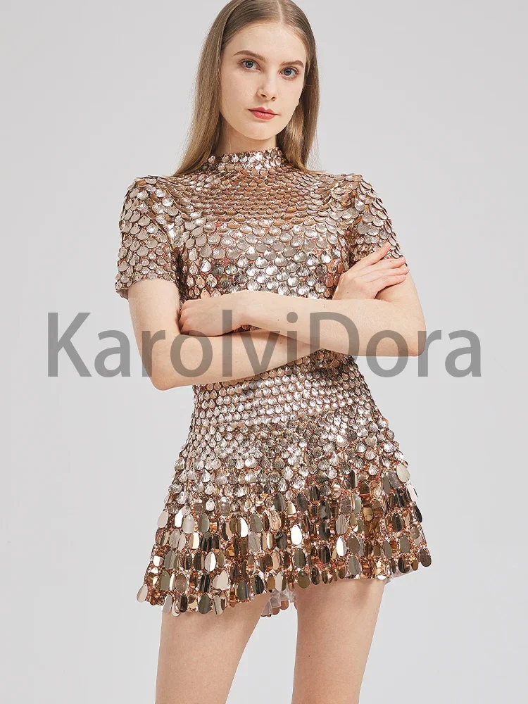 Sexy Khaki Shell Sequins Mini Dress Nightclub Dance High Quality Performance Clothing Bodysuit Birthday Red Luxury Dresses dance dress rhinestones dress sexy evening dress