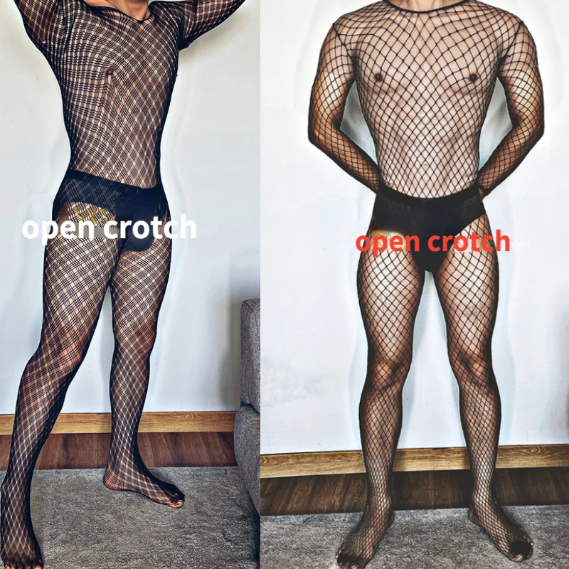 Men Bodystockings Sexy Bodysuits Night Club Wear Male Nightwear Sissy Fishnet Sleepwear Open Crotch Sex Costumes