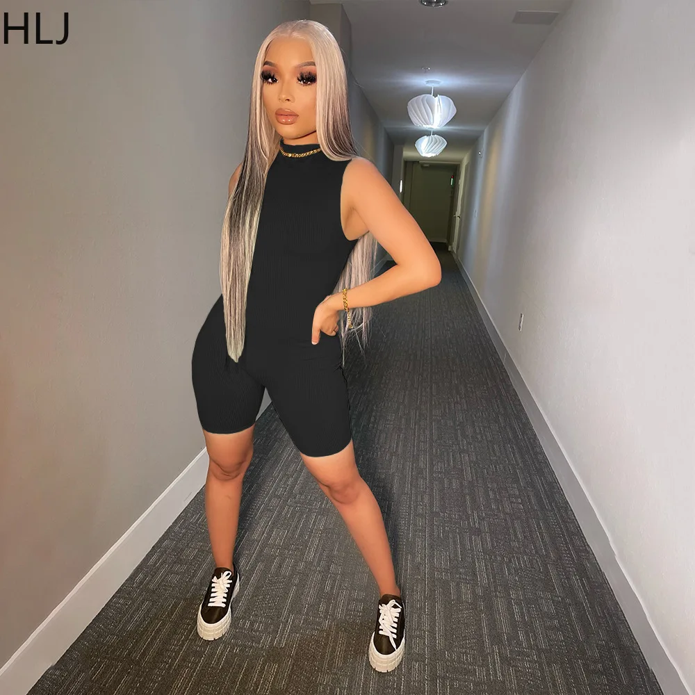 HLJ Summer Solid Color Sporty Rompers Women Round Neck Sleeveless Bodycon Jumpsuits Casual Female Ribber One Piece Overalls 2023