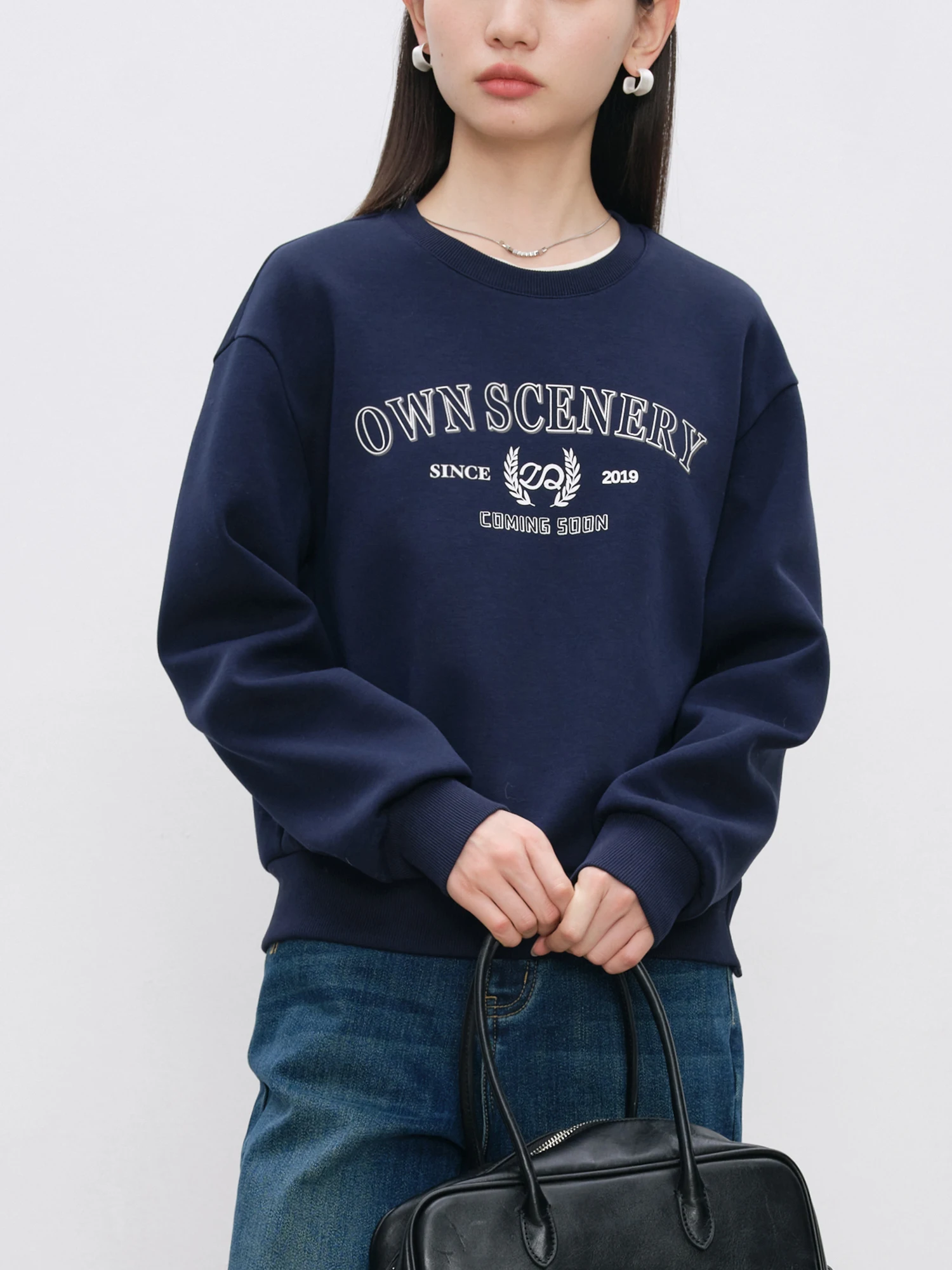 ZIQIAO Women Sweatshirts Letter Print Retro Casual Female Grey Pullover Sweatshirt Drop Sleeve Navy Blue Winter Tops 24ZQ94295 2