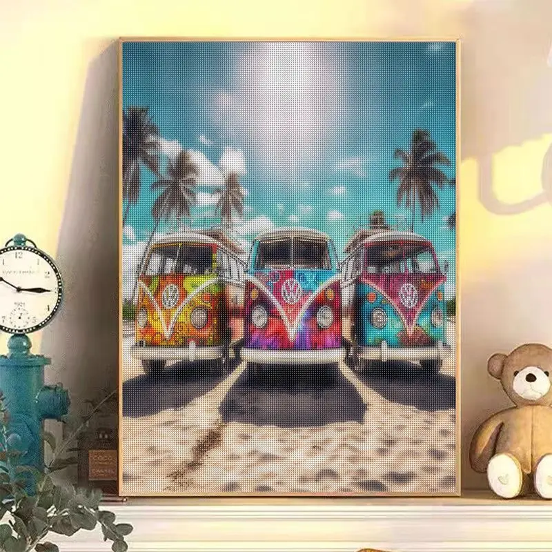 CHENISTORY Diamond Mosaic Embroidery Beach Bus Scenery 5D DIY Diamond Art Painting Paintings For Interior Decoration For Home diamond painting painting set