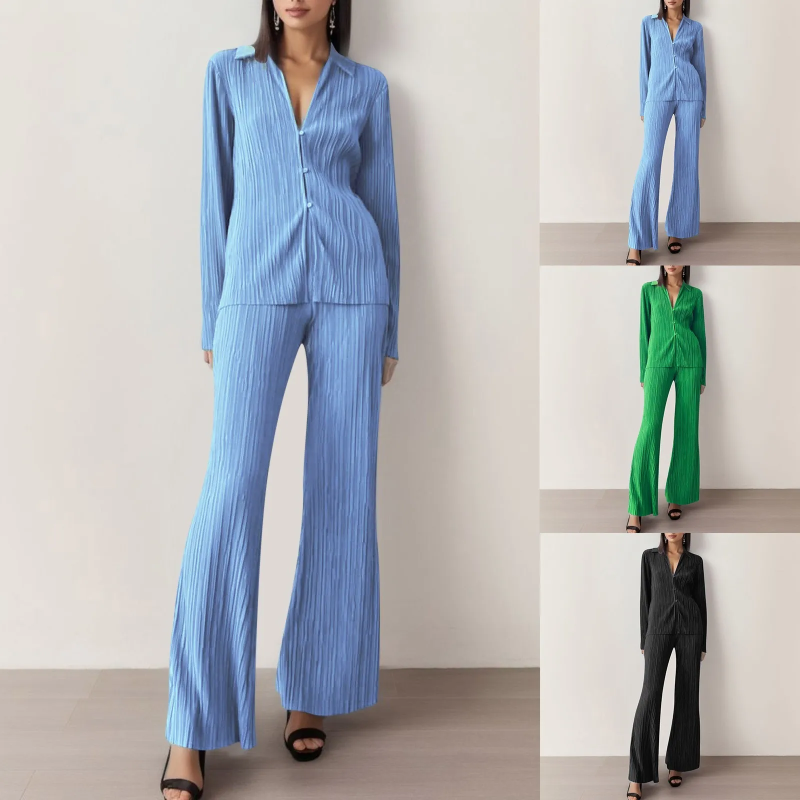 Casual Chic Solid Color Pleated Pants Suits Y2K Women Two-piece Long Sleeve Button down Shirts and Straight Leg Trousers Set