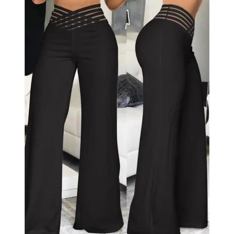 Chic Women Pants 2023 Summer Casual Overlap Waist Hollow Out Elegant High Waist Mesh Ruched Office Long Work Pants Streetwear