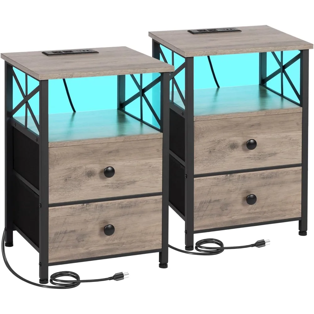 LED Nightstands Set of 2 End Tables Living Room with Fast Charging Station Modern Side Table with USB C Port and Outlet