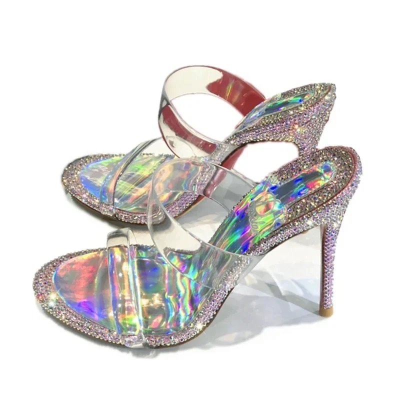 New rhinestone high heels for women, slim heels, transparent crystal shoes for fairy, cool slippers for women