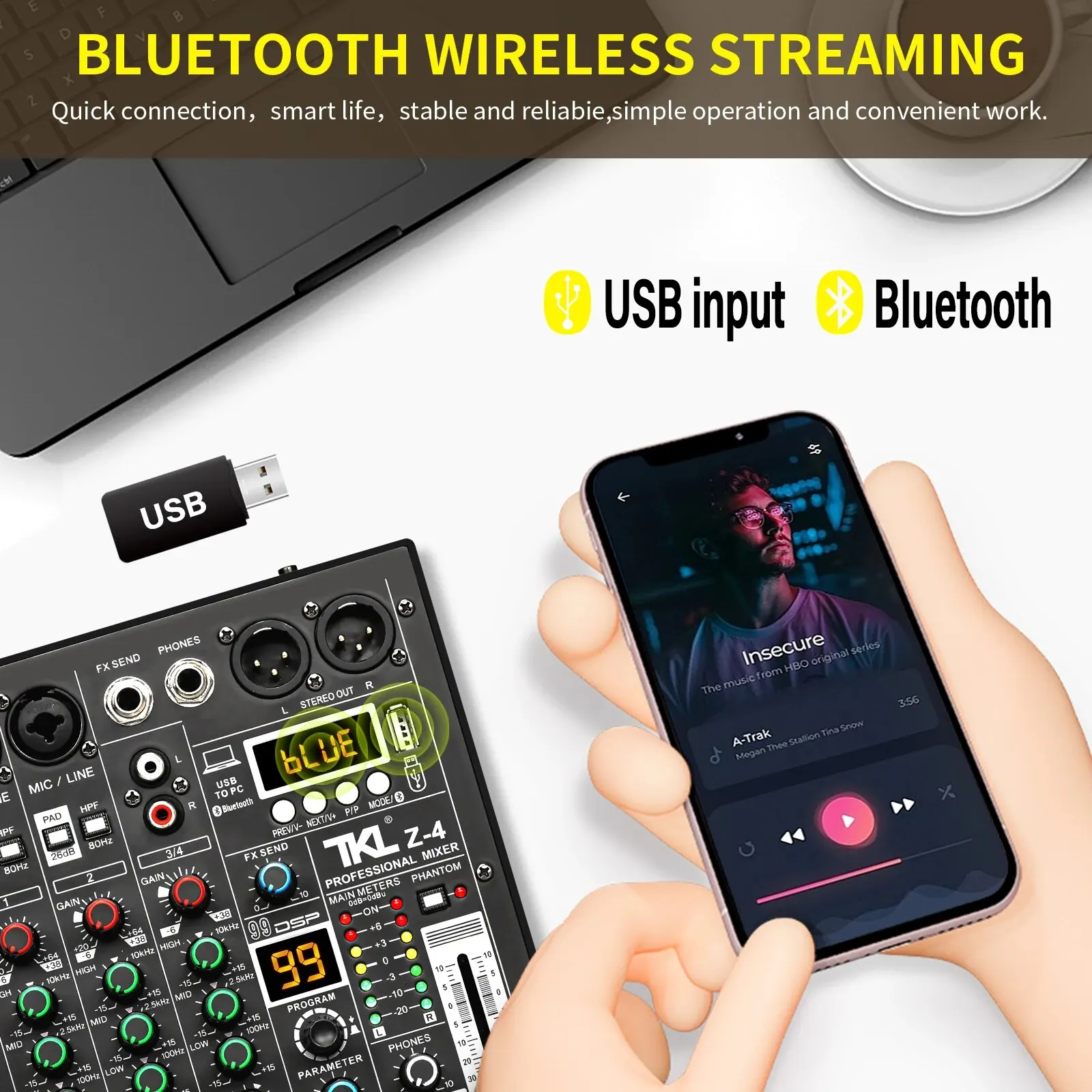 TKL Z-4 4 Channels Audio Mixer 99DSP Bluetooth USB 48V Phantom Power Delay Mixing Console PC Recording Mixer Audio
