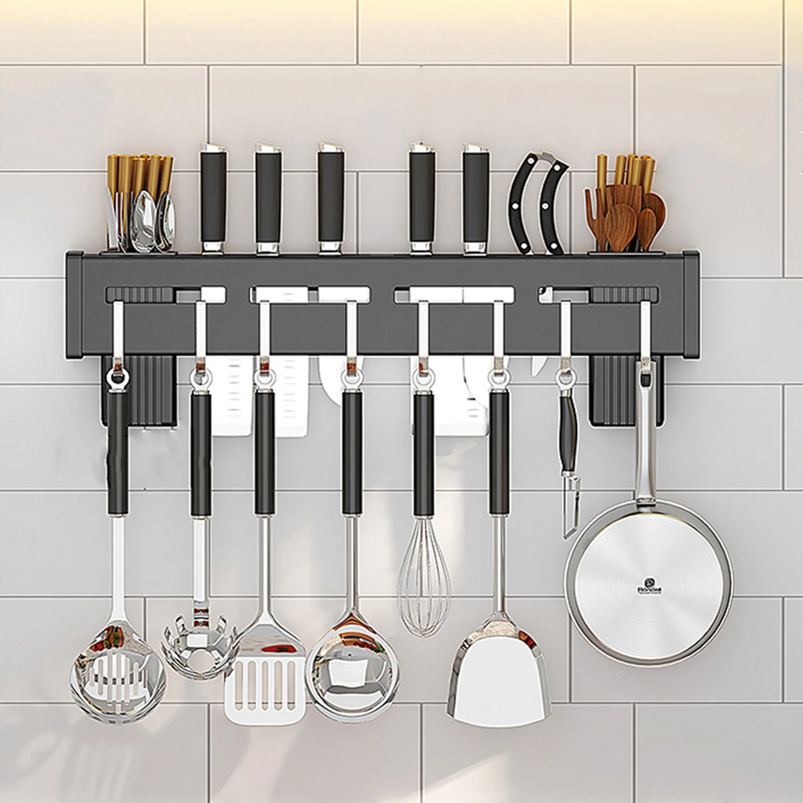 Stainless steel multi-functional wall-mounted knife holder with hook non-hole mounting knife holder