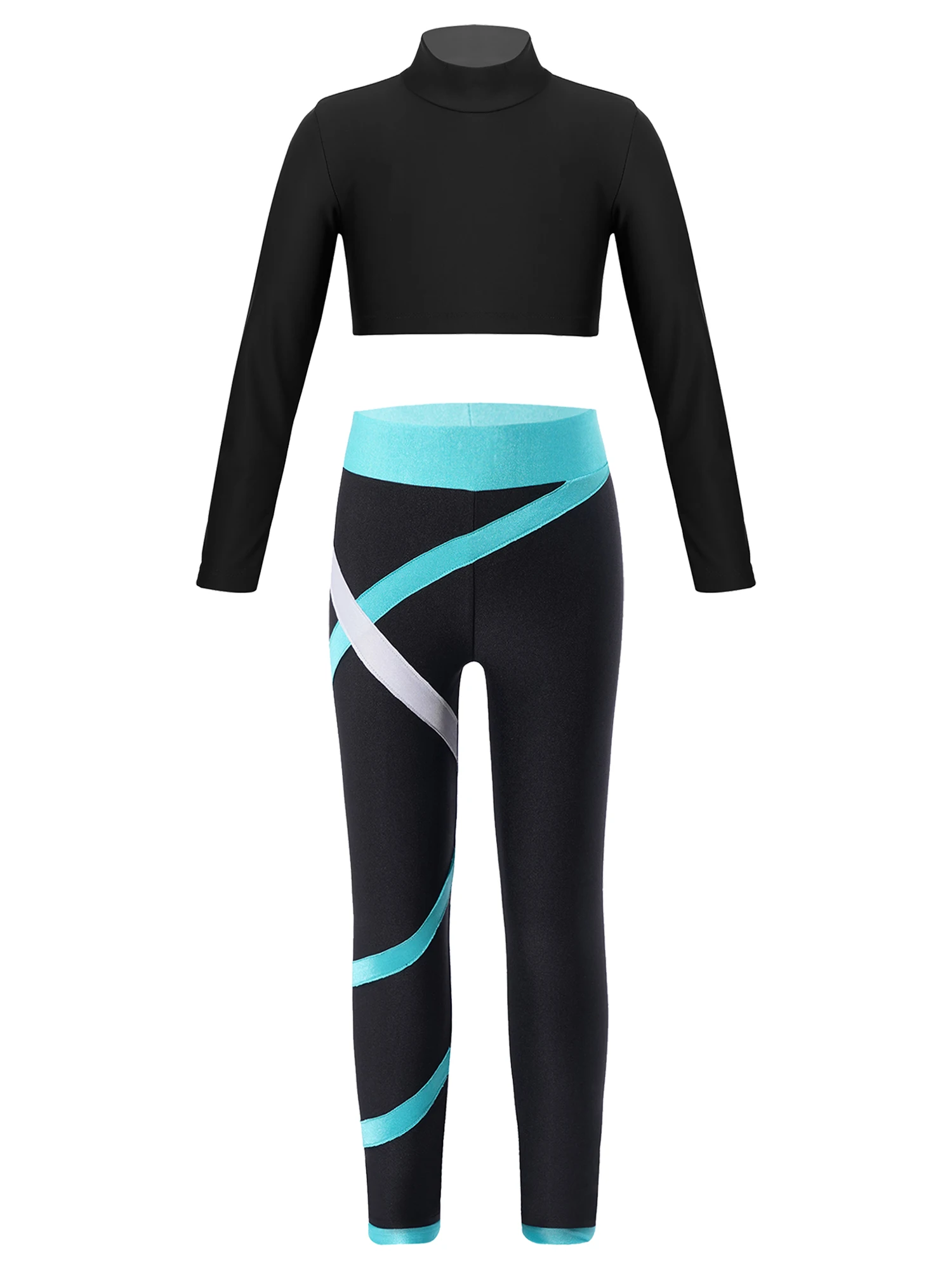 

Kids Girls Sport Suit Long Sleeves Crop Top with Colorblock Leggings for Skating Workout Sports Suit Autumn sportwear